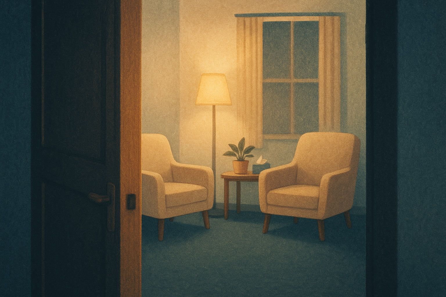 An open door into a calm counseling room