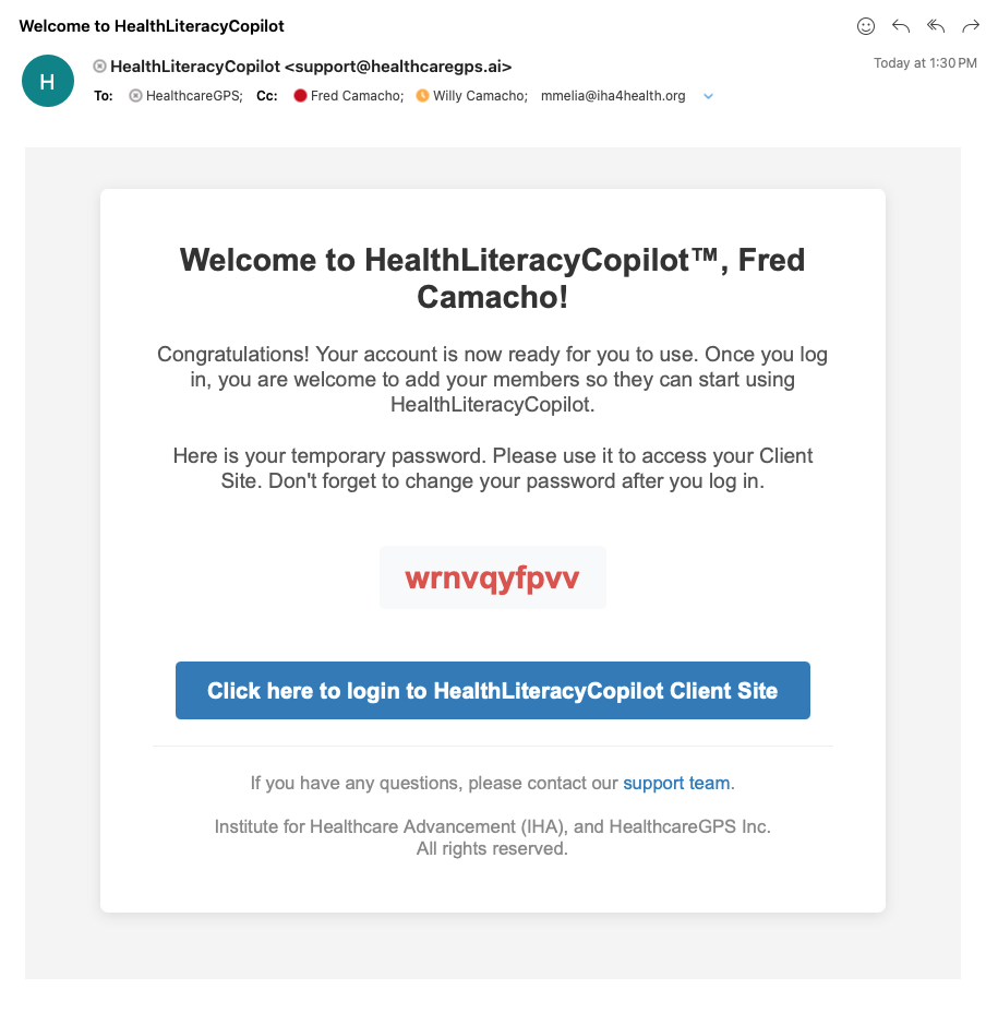 HealthLiteracyCopilot welcome email with temporary password