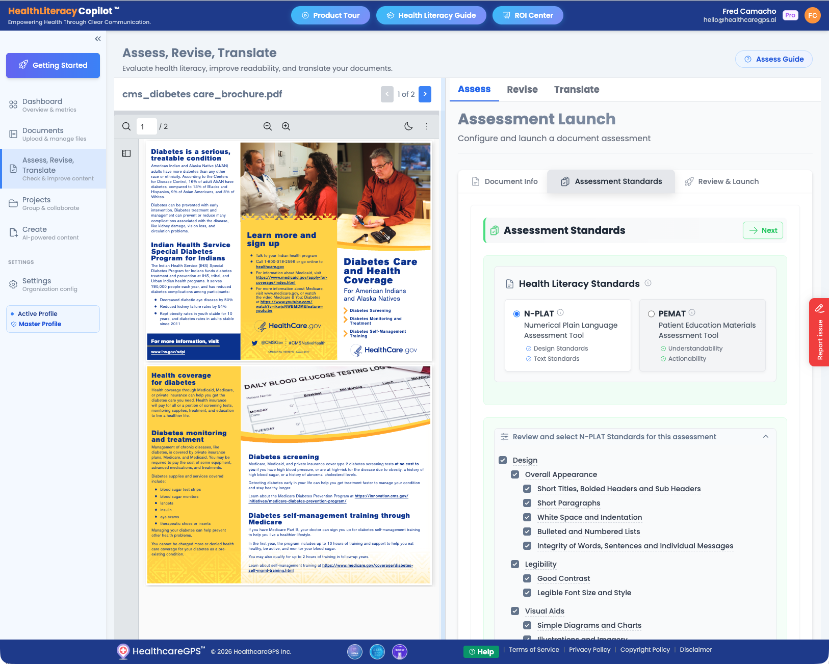 Assessment Standards selection showing N-PLAT and PEMAT options with criteria