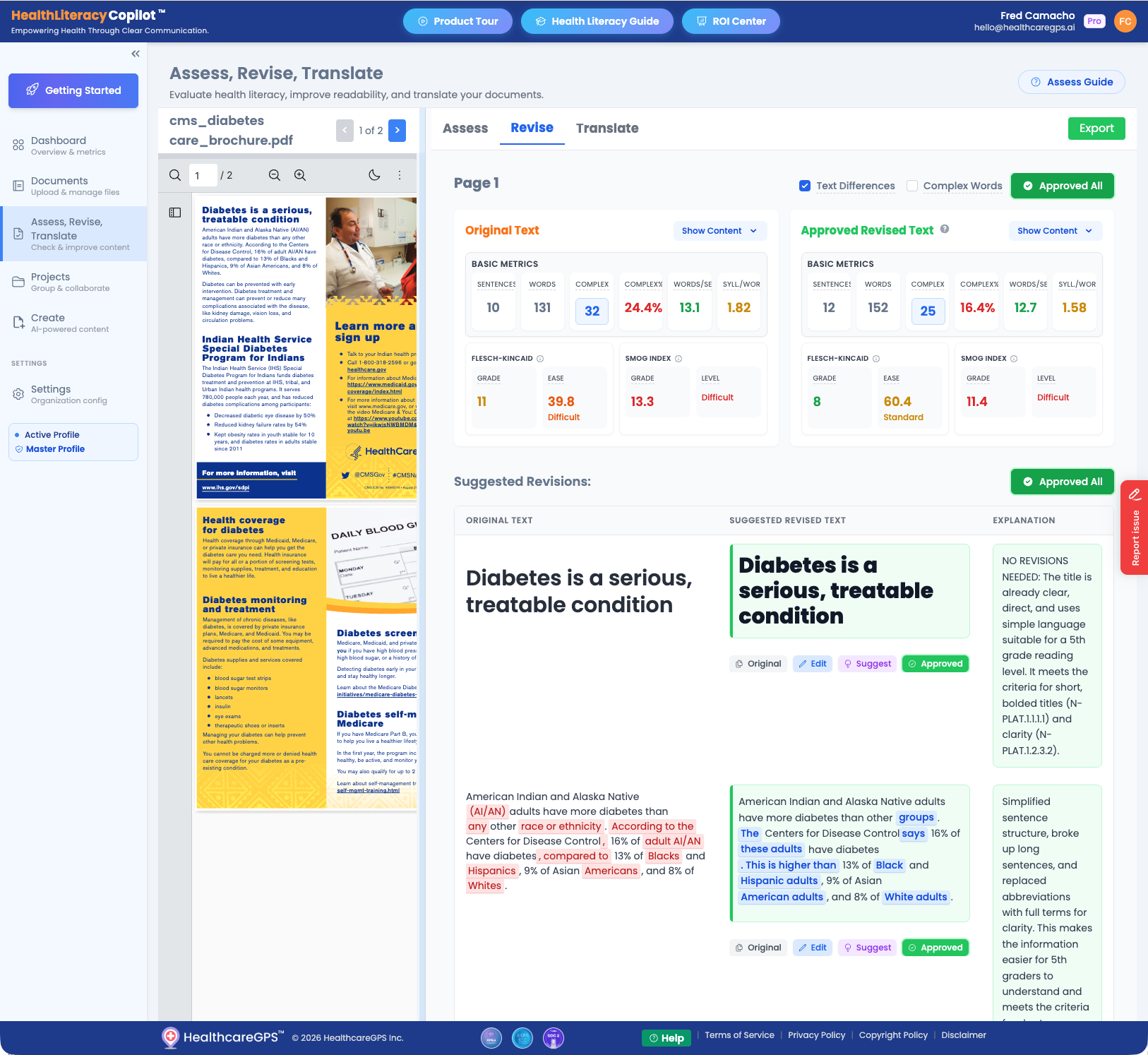 Revision results showing original vs revised text with readability metrics and explanations