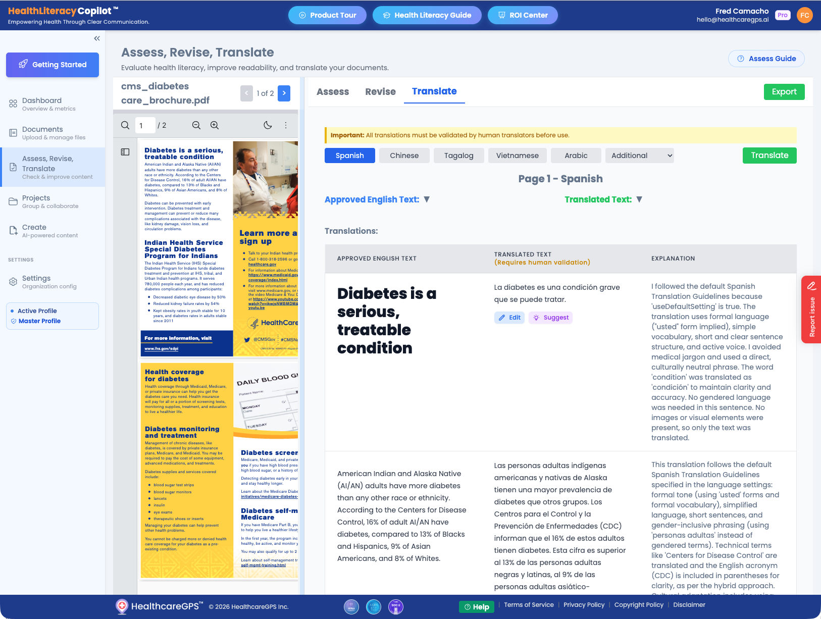 Translation results showing English text alongside Spanish translation with explanations
